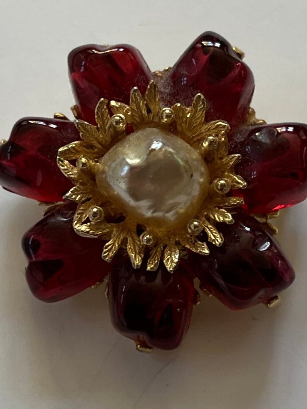 Vintage Signed Benedikt NY Brooch Pin Faux Pearl Ruby Cabochon Flower Statement
